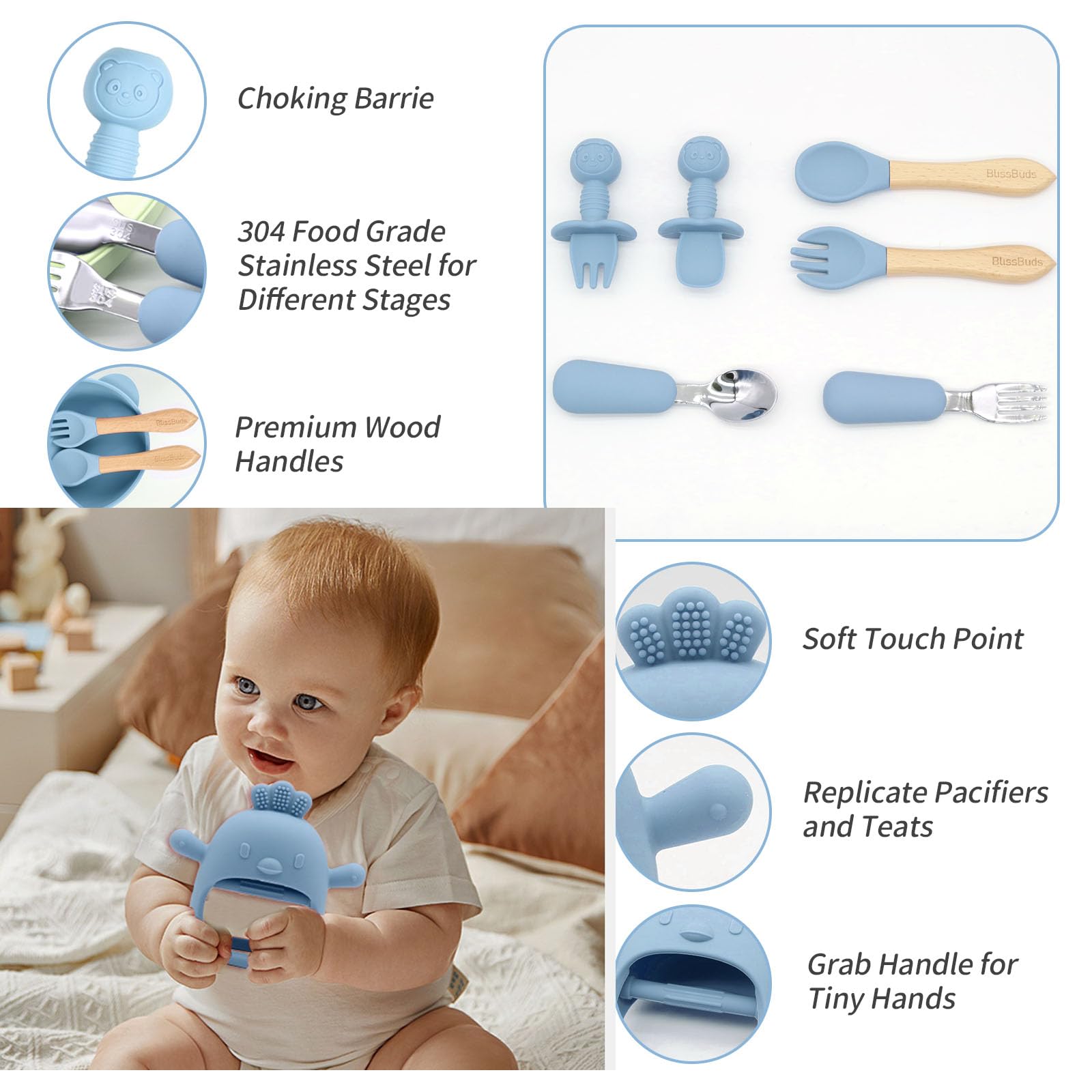 BlissBuds Silicone Baby Feeding Set, 15 pieces baby suction plates and bowls set with baby bibs, spoons, forks, sippy cup and teether, baby led weaning supplies set for 6 months + (Blue)