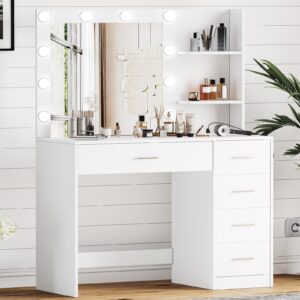 keehusux vanity table with mirror and lights, 3 lighting colors, bedroom makeup vanity with charging station, makeup desk with 5 drawers and open storage shelves, white kes001wszt