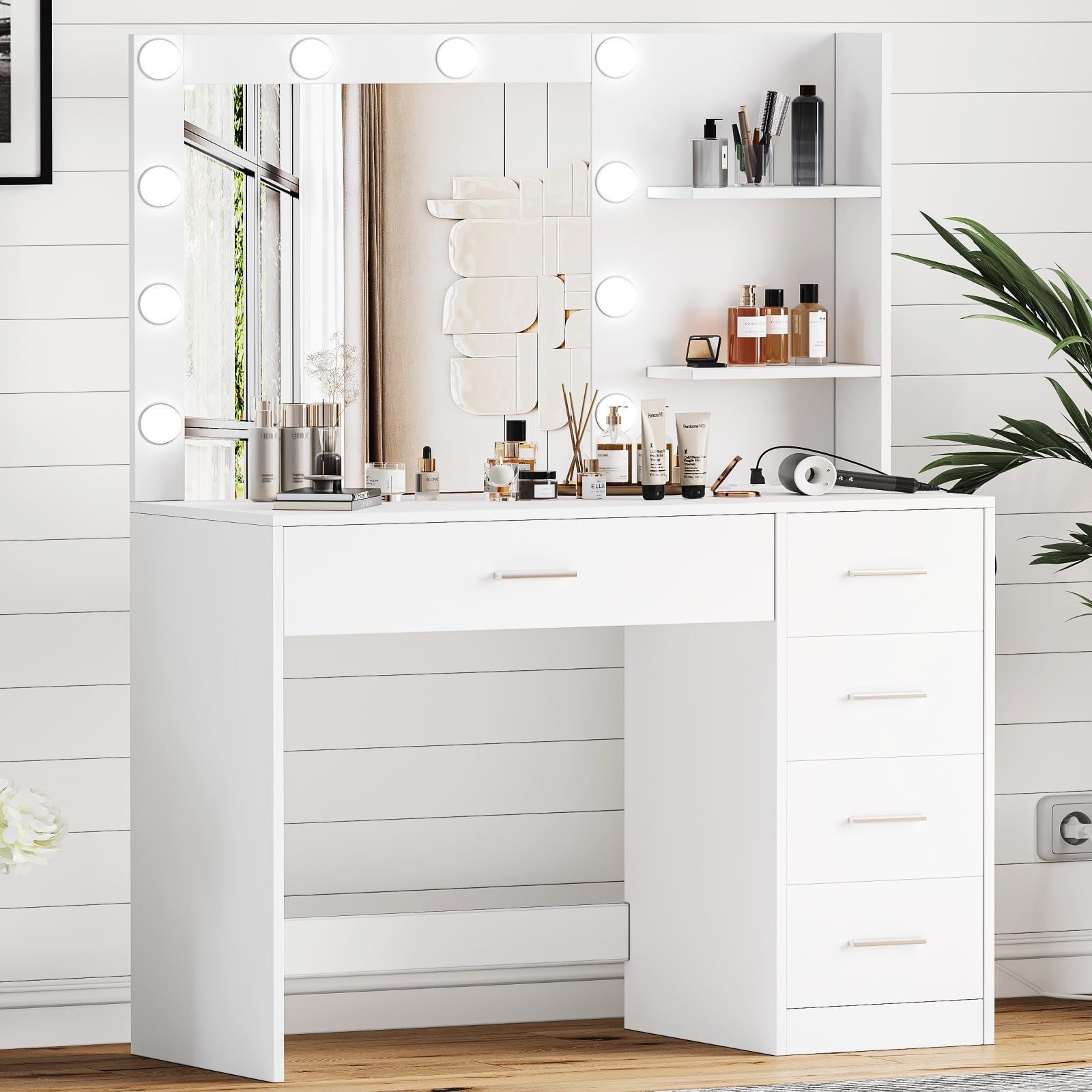 Keehusux Vanity Table with Mirror and Lights, 3 Lighting Colors, Bedroom Makeup Vanity with Charging Station, Makeup Desk with 5 Drawers and Open Storage Shelves, White KES001WSZT