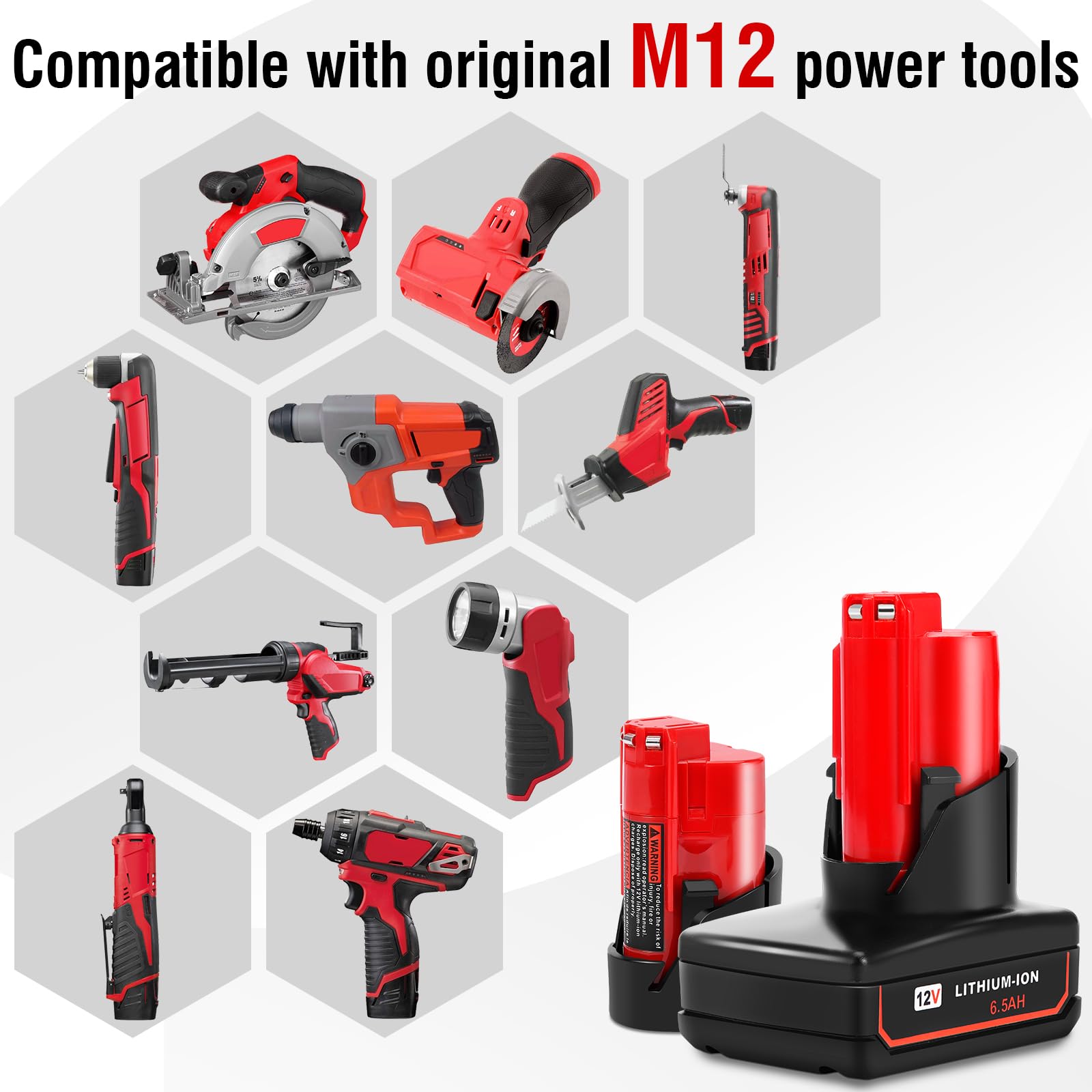 2 Packs 6.5Ah and 3.5Ah Replacement Battery for Milwaukee M12 Battery 12V Lithium-ion Batteries Compatible with Milwaukee XC 48-11-2440 48-11-2402 48-11-2460 Cordless Power Tools