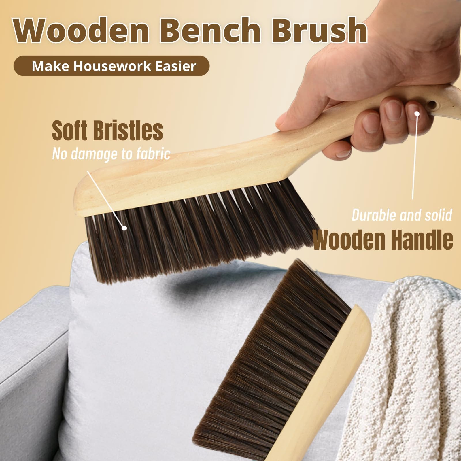 2 Pieces Woooden Hand Broom Dust Brush with Wood Handle Whisk Broom Soft Bristle Brush Home Cleaning Brush for Counter Bed Sofa Car Fireplace Clothes Household Cleaning(Brown)