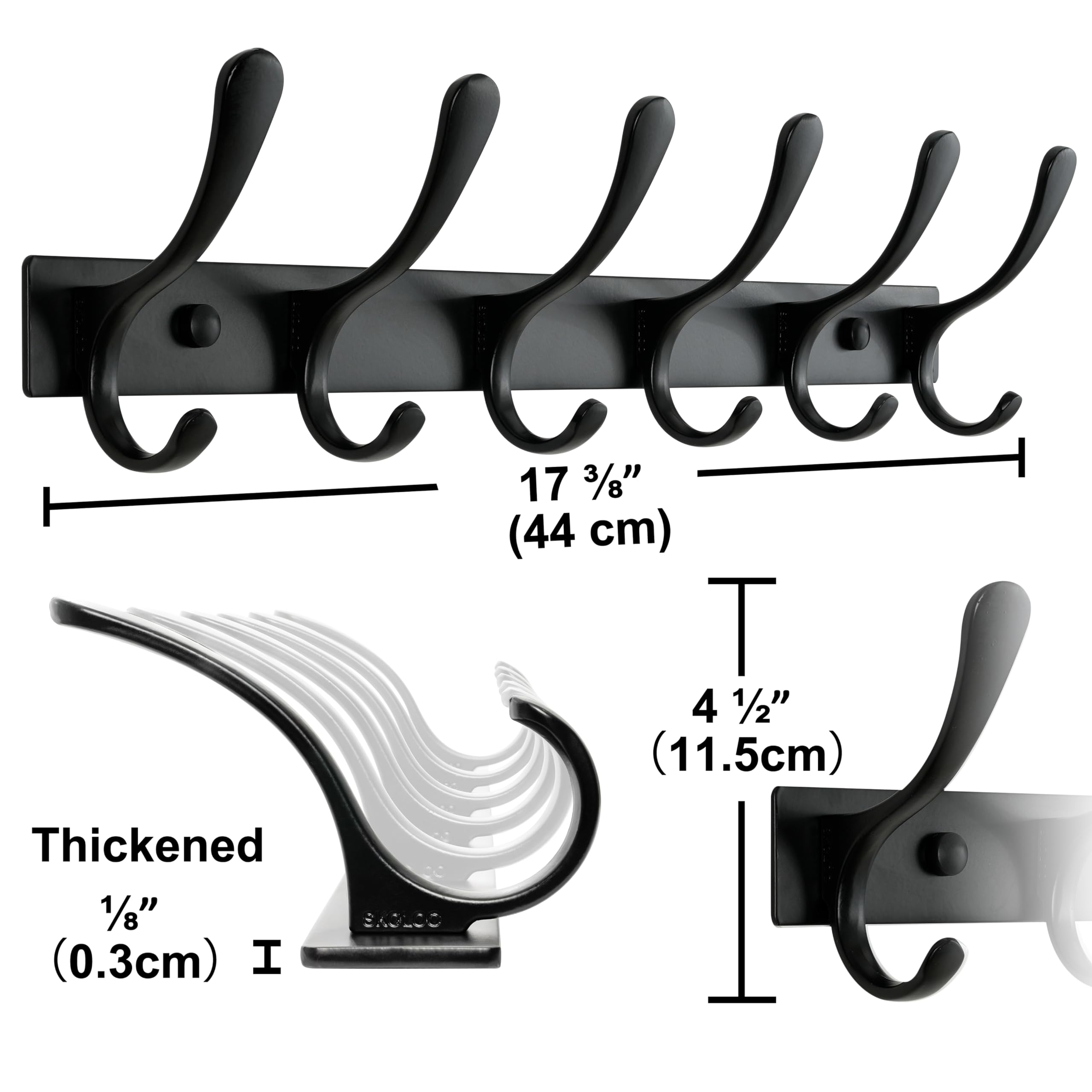 SKOLOO Coat Rack Wall Mounted - 6 Hooks, Heavy Duty, Stainless Steel, Metal Wall Coat Hanger, Sturdy Wall Hooks for Hanging Coat, Jacket, Clothes, Hat, Black