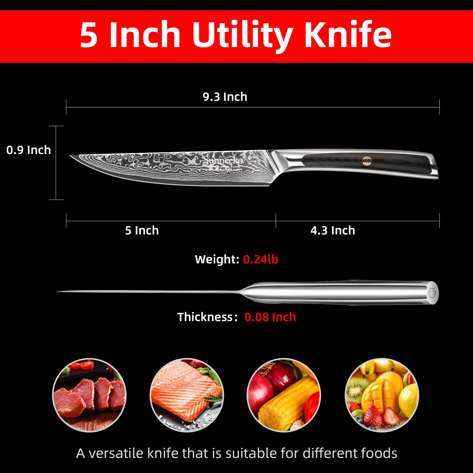 Sunnecko Damascus Kitchen Knife Japanese Utility Knife 5 Inch, Damascus Knife Full Tang with G10 Handle