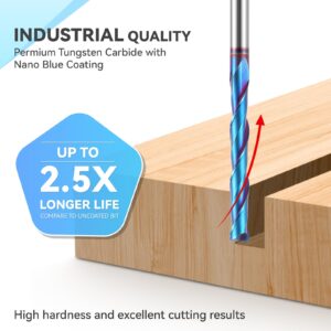 HQMaster Extra Long Spiral Router Bit 1/4 Inch Shank Solid Carbide CNC Router Bit with Nano Blue Coating End Mill for Wood Cut, Carving