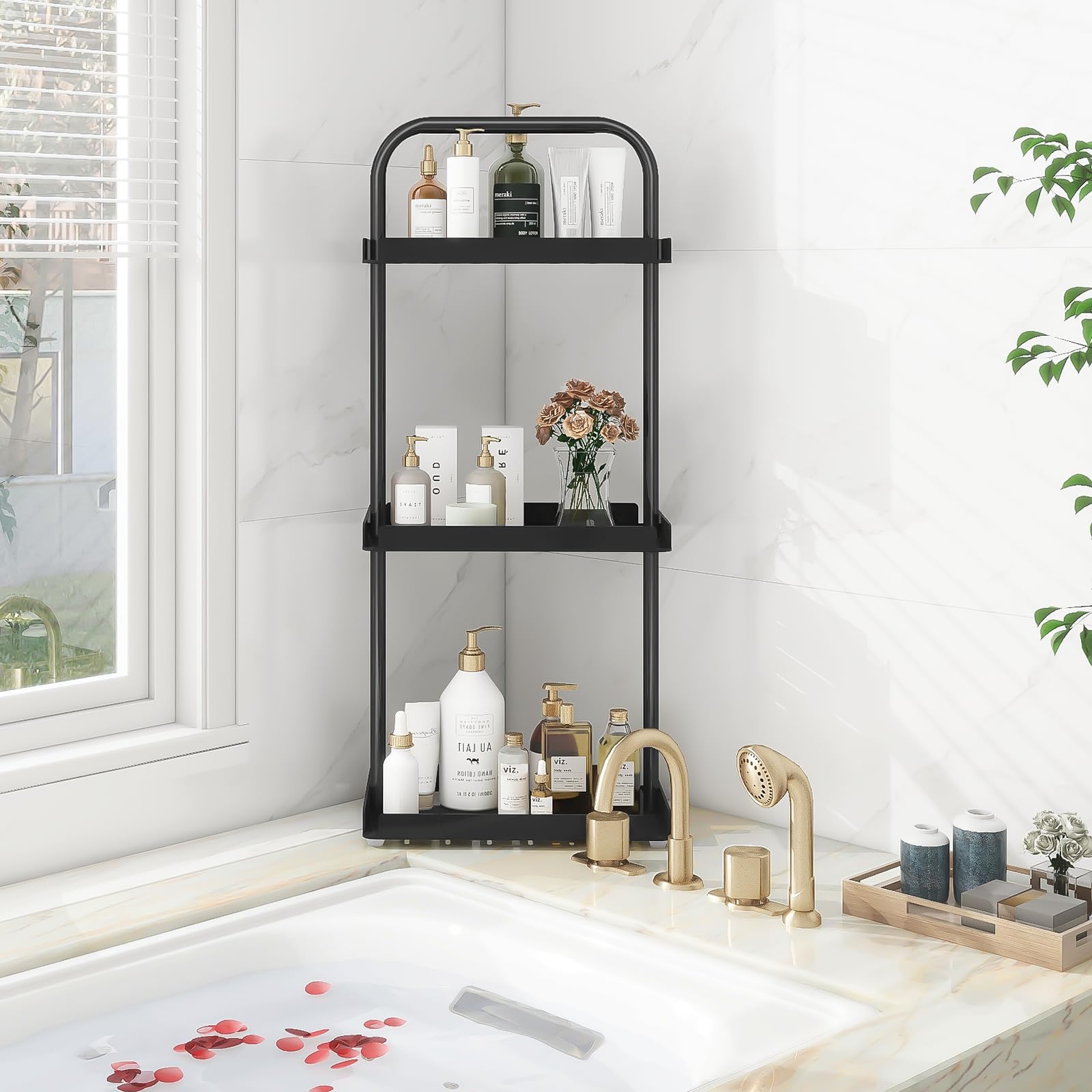 ELITEROO 3 Tier Standing Shower Caddy Organizer, Corner Shower Shelf with Handle, Storage Stands for Shampoo, Stand Up Metal Basket Rack for Inside Bathroom, Bathtub, Office, Kitchen, Black