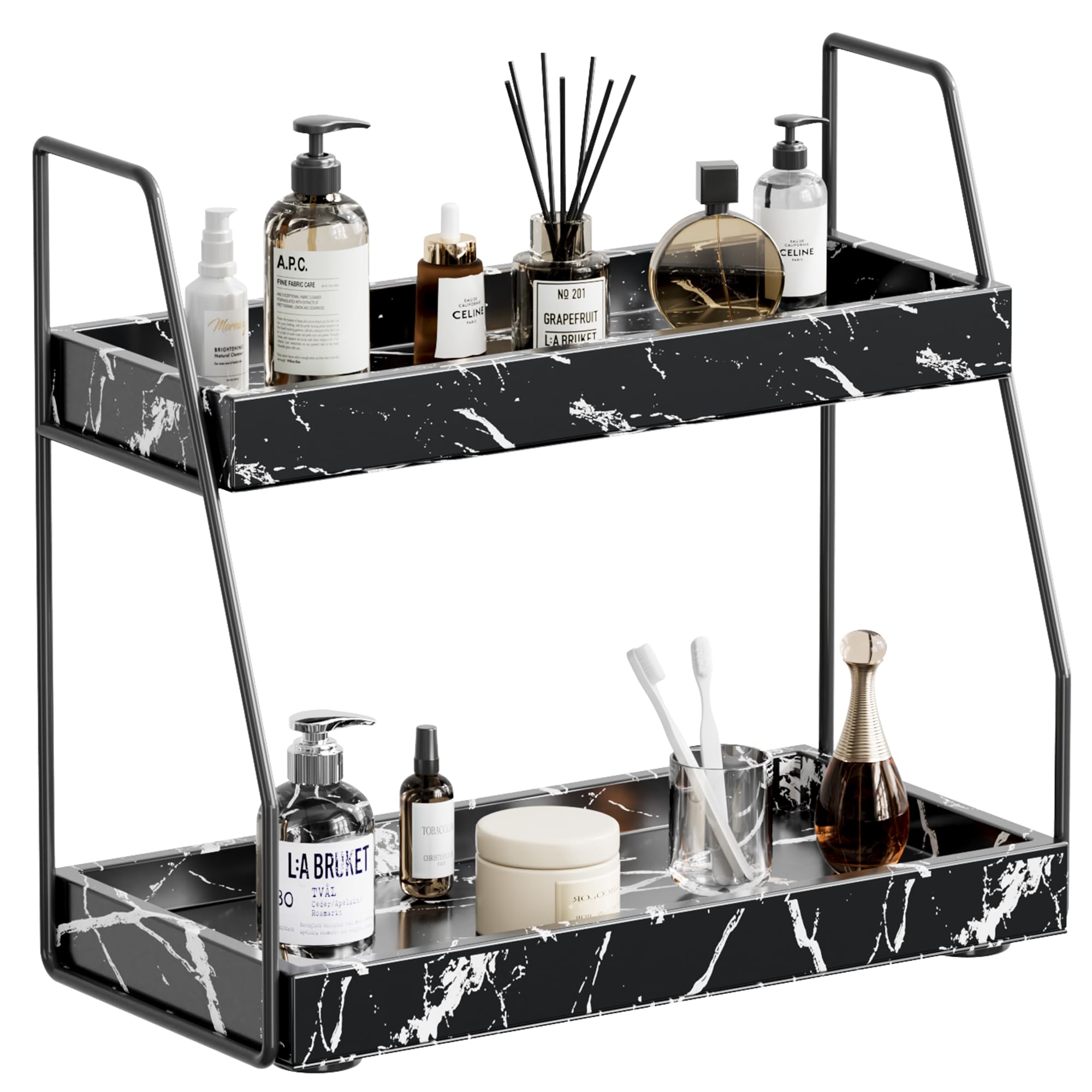 BONSSO 2-Tier Bathroom Counter Organizer, Faux Leather Skincare Organizers, Makeup Organizer for Vanity, Bathroom Organizers and Storage, Bathroom Vanity Organizer Countertop(Black)