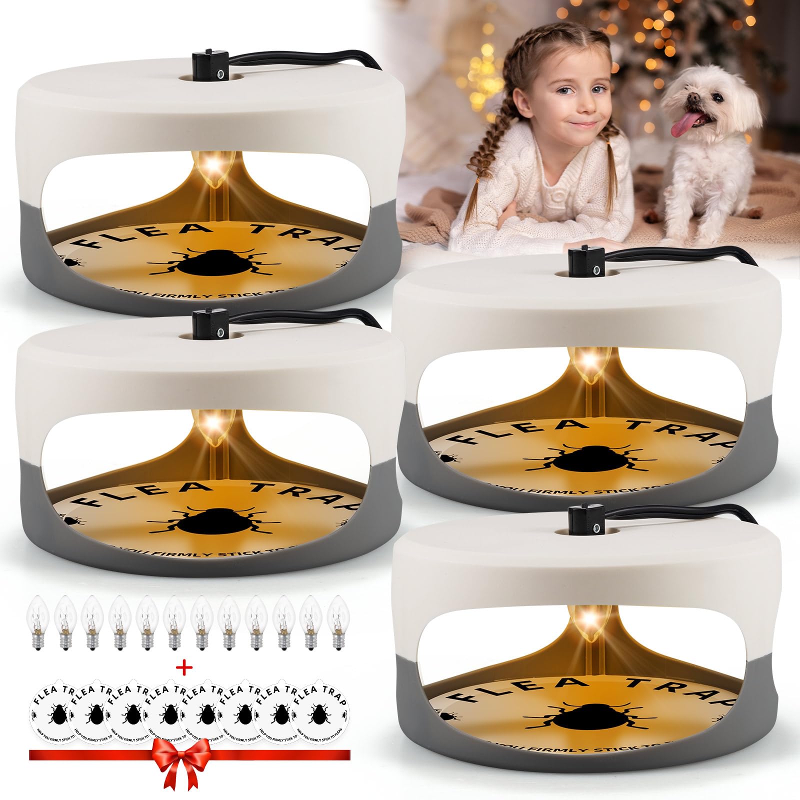 4 Pack Flea Trap Indoor Flea Light for Inside Your Home with 8 Sticky Disc & 12 Bulbs & 4 Electric Wires Pet and Kid Healthly,Sticky Bed Bug Trap Pest Control