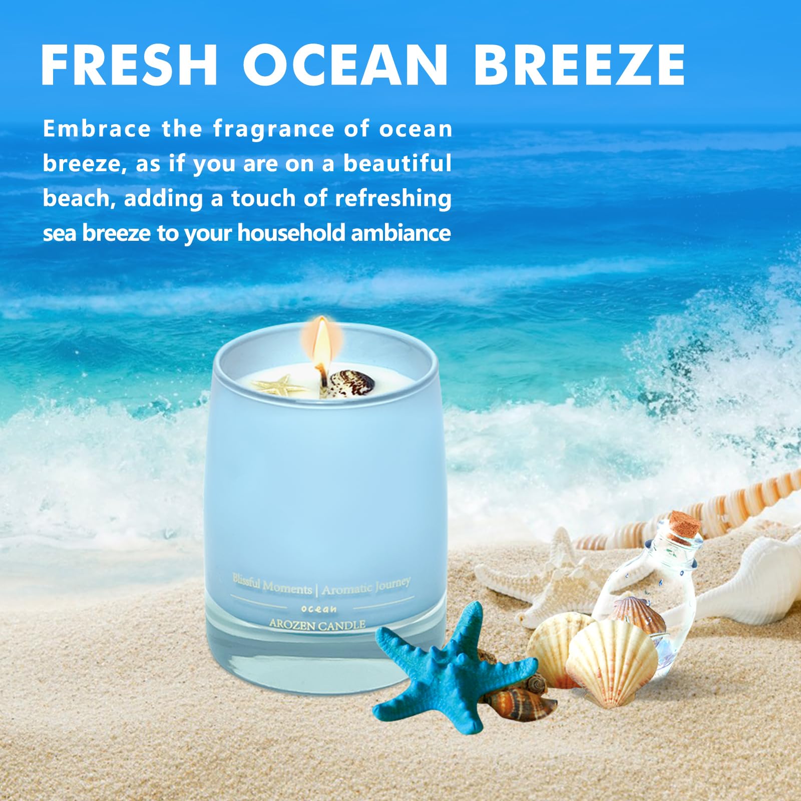 AROZEN Ocean Beach Scented Candles Gifts for Women, Aromatherapy Soy Fall Candles for Home Scented, 10oz Sea Candles with Healing Crystal Inside, Christmas Birthday Gifts Candle for Women Mom Decor