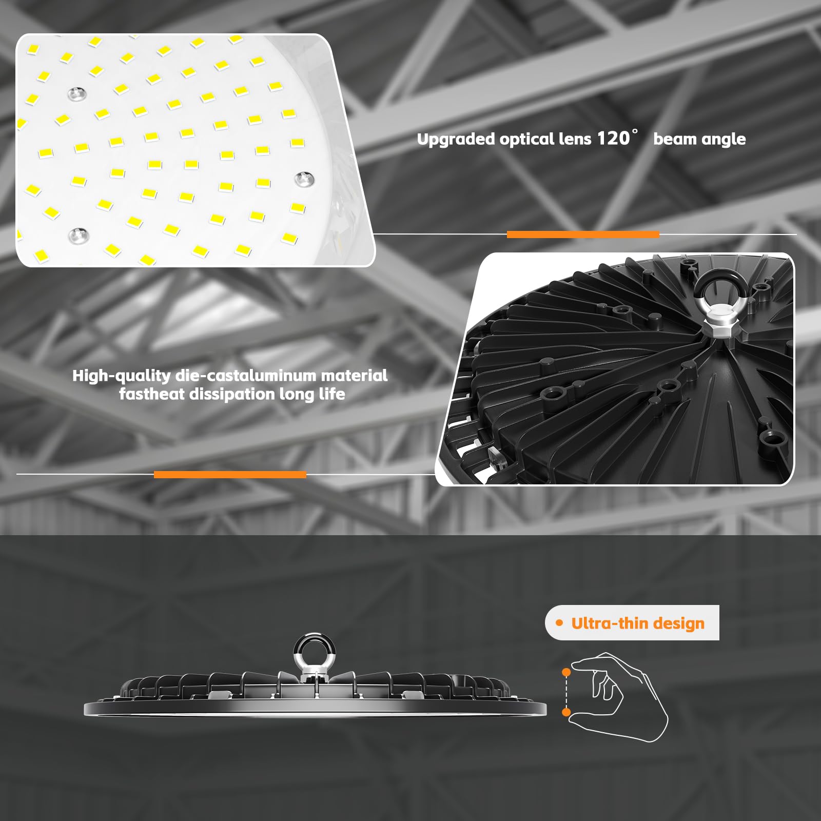 ONLYLUX LED High Bay Light 150W 4 Pack, 5000K Daylight, 22500LM, UFO LED Highbay Lights with US 5ft Cable, IP65 Commercial Bay Lighting, for Warehouse Gym Factory Barn Garage