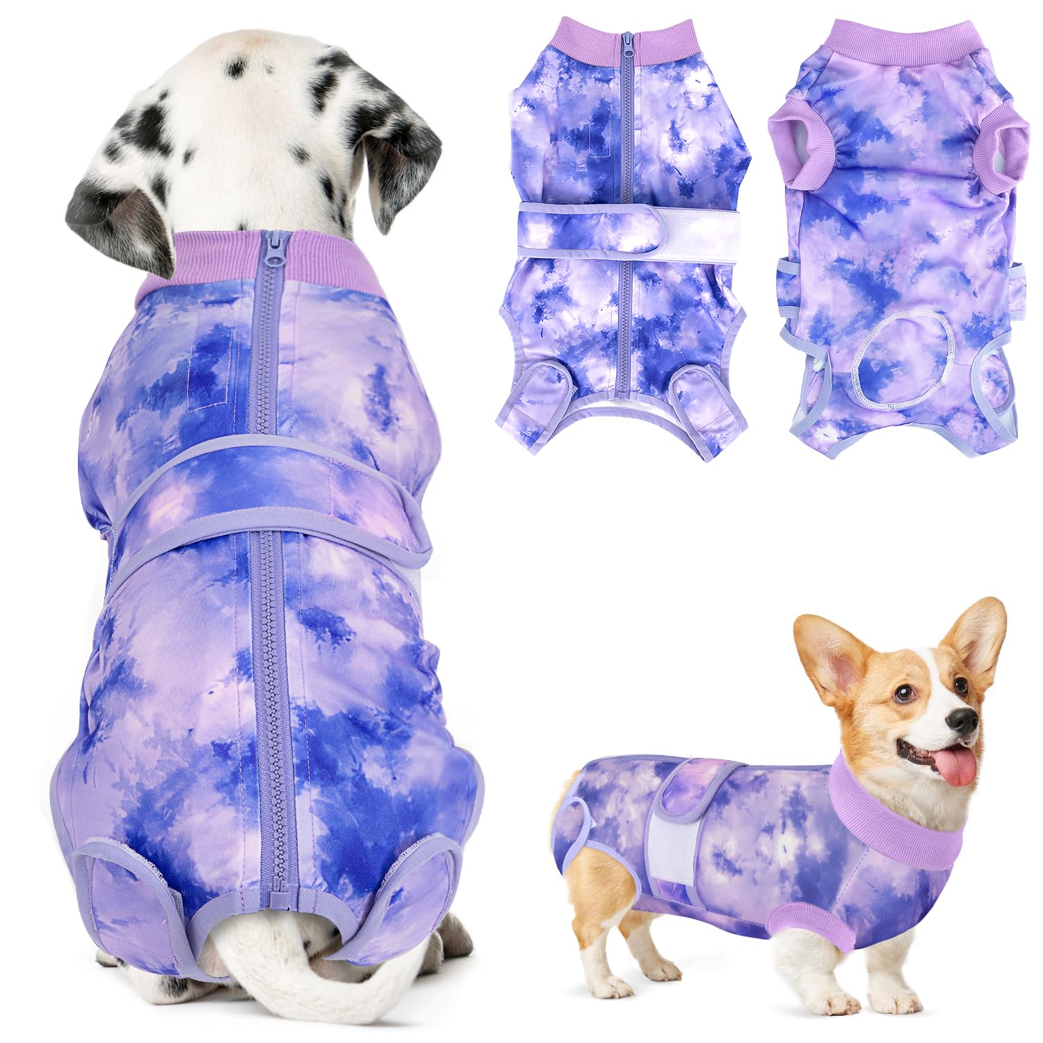 SlowTon Dog Surgery Recovery Suit - Zipper On Dog Onesies After Surgery for Female Male Dog, Abdominal Wounds Bandages Cone/E-Collar Alternative Dog Surgical Body Suit (Purple, M)