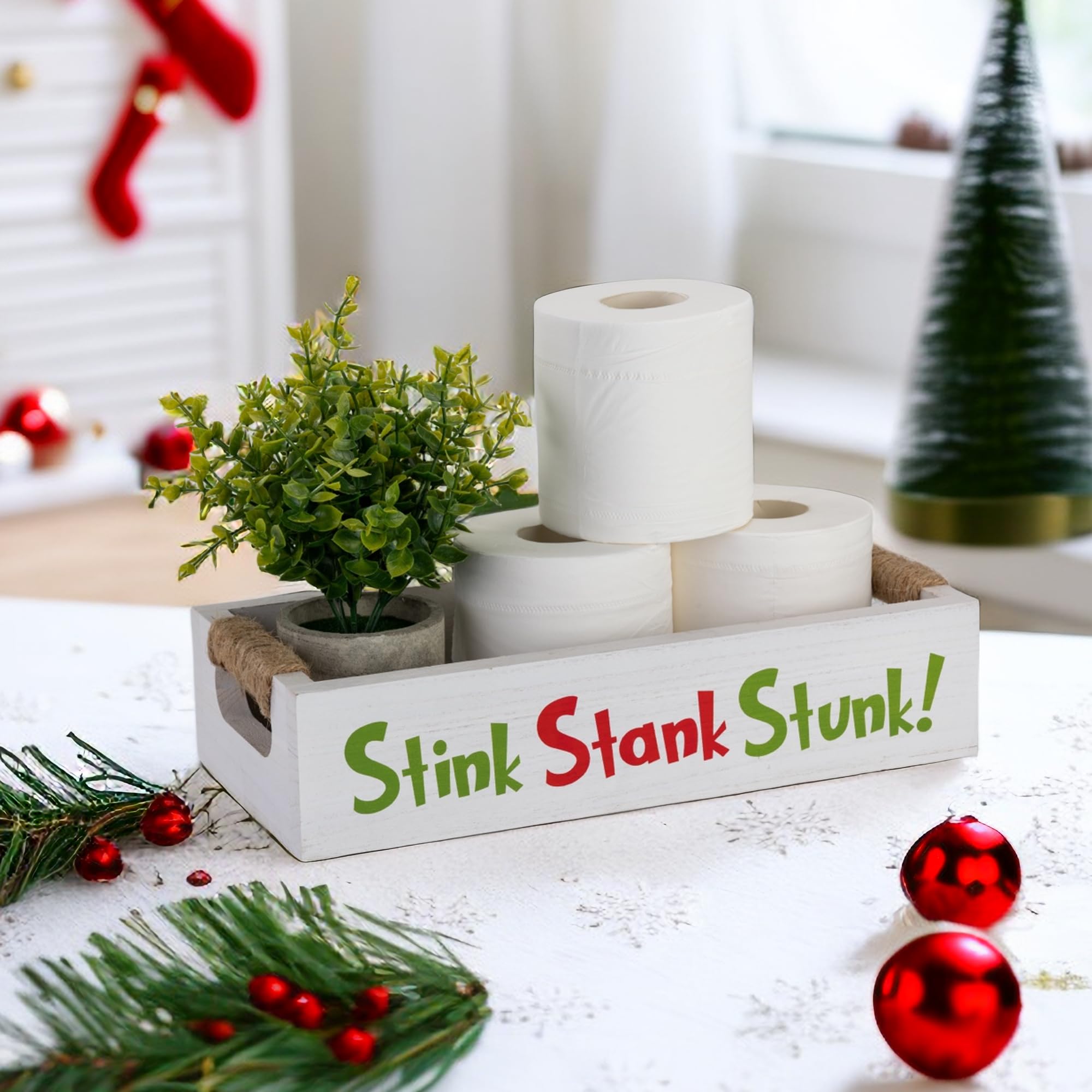 Veichin Double-Sided Christmas Funny Bathroom Decor with Double-Sided Sign, Stink Stank Stunk Box, Toilet Paper Storage Basket, White Wood Tank Tray Organizer with Handles for Christmas Decorative