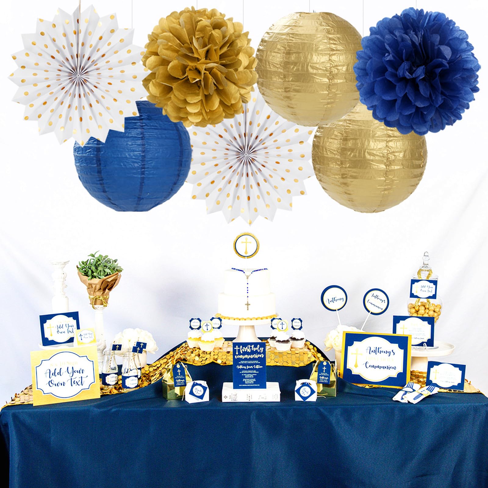 Navy-Blue White Gold Party-Decorations - 20pcs Graduation 2024 Paper Lanterns Fans,Tissue Pom Poms,Honeycomb Ball,Birthday Bridal Celebration Bachelorette Baby Shower Wedding Homecoming Decor Burgleda