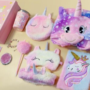 Unicorn Gifts for Girls Age 6-8, Christmas Birthday Gift Box for 6 7 8 9 10 Years Old Girl, 8PCs Unicorn-Themed Gift Basket with Tumbler, Diary with Lock, Mirror, Bracelet, Eye Mask,Headband,etc