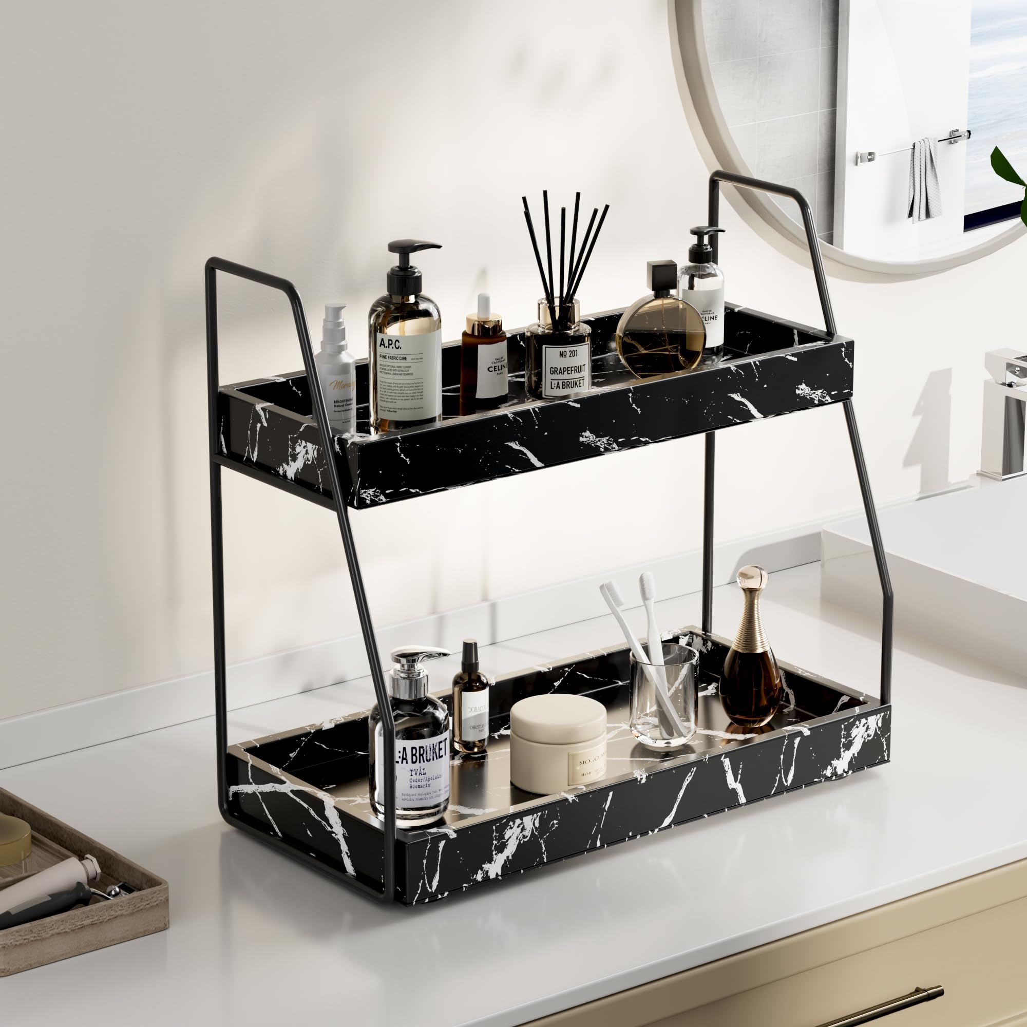 BONSSO 2-Tier Bathroom Counter Organizer, Faux Leather Skincare Organizers, Makeup Organizer for Vanity, Bathroom Organizers and Storage, Bathroom Vanity Organizer Countertop(Black)