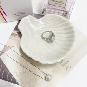 Ring Dish Shell Shape Ceramic Jewelry Dish Tray, Decorative Trinket Dish Organizing Rings Earrings Necklaces Keys for Mom Friend Sister, 3.9", White Iridescent Surface