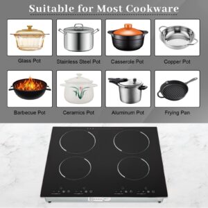 3000W 110V Cooktop Portable 4 Burners Electric Built-in Cooktop Sensor Touch Control Countertop Electric Hot Plate with Kid Safety Lock and 2H Timer, 9 Heating Level, no plug