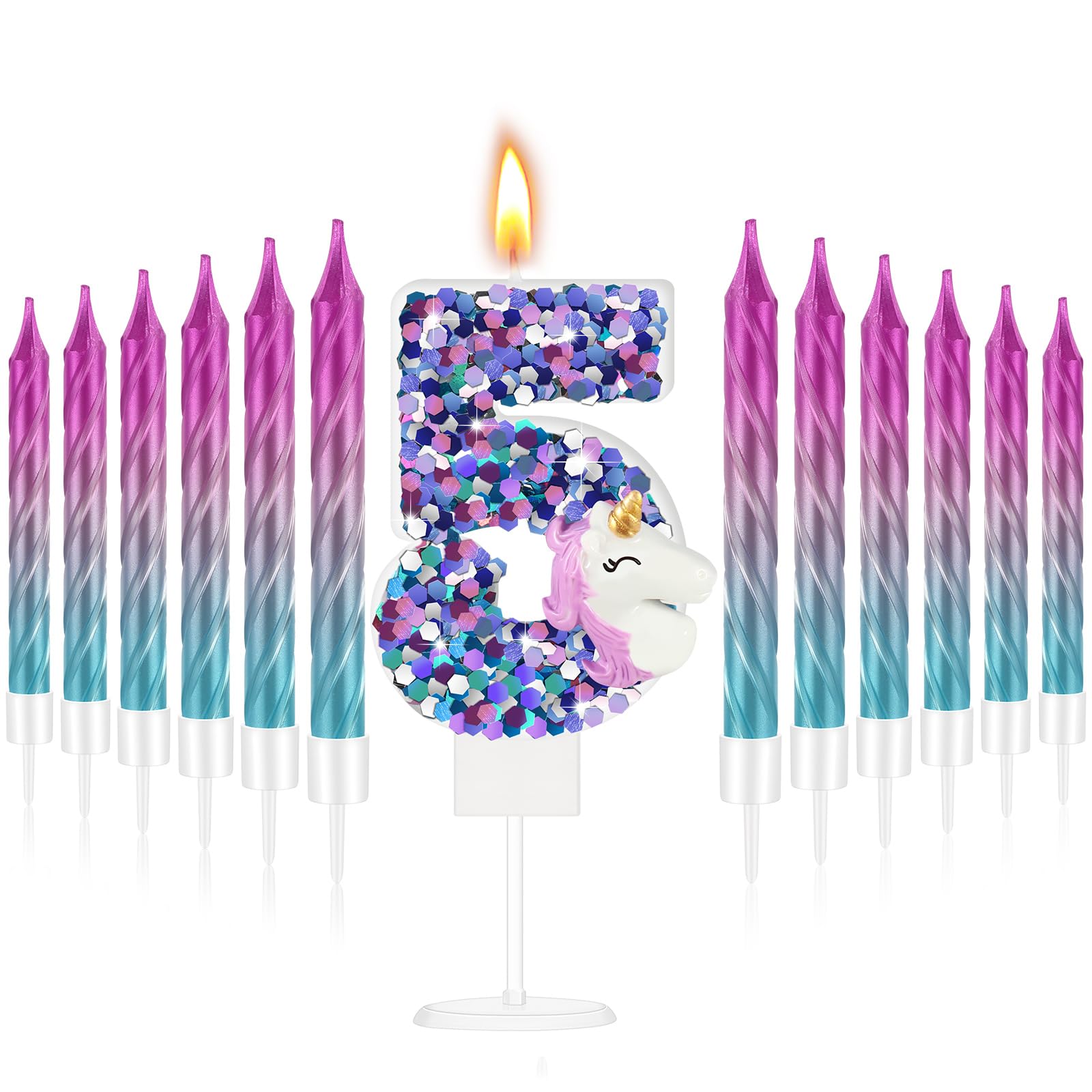 MTLEE Unicorn Birthday Candle Glitter Number Candle Unicorn Cupcake Toppers with 12 Pcs Numeral Rainbow Spiral Candle Purple Birthday Cake Candles for Baby Girl Boy Birthday Unicorn Party (Number 5)