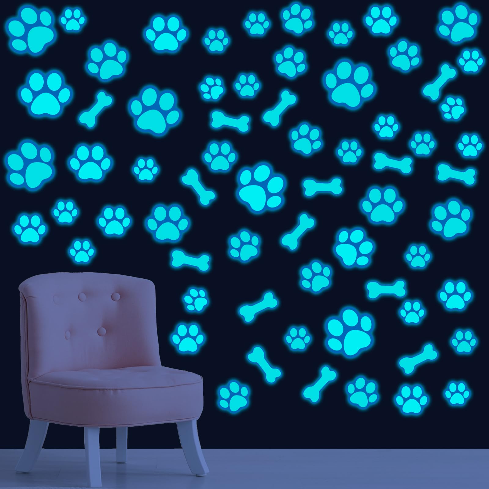 127 Pcs Dog Paw Print Stickers Glow in The Dark Wall Decals Dog Paw Print Wall Decor Dog Wall Stickers Decals Luminous Removable Vinyl Dog Paw Bone Wall Decals for Kids Nursery Bedroom (Blue Light)