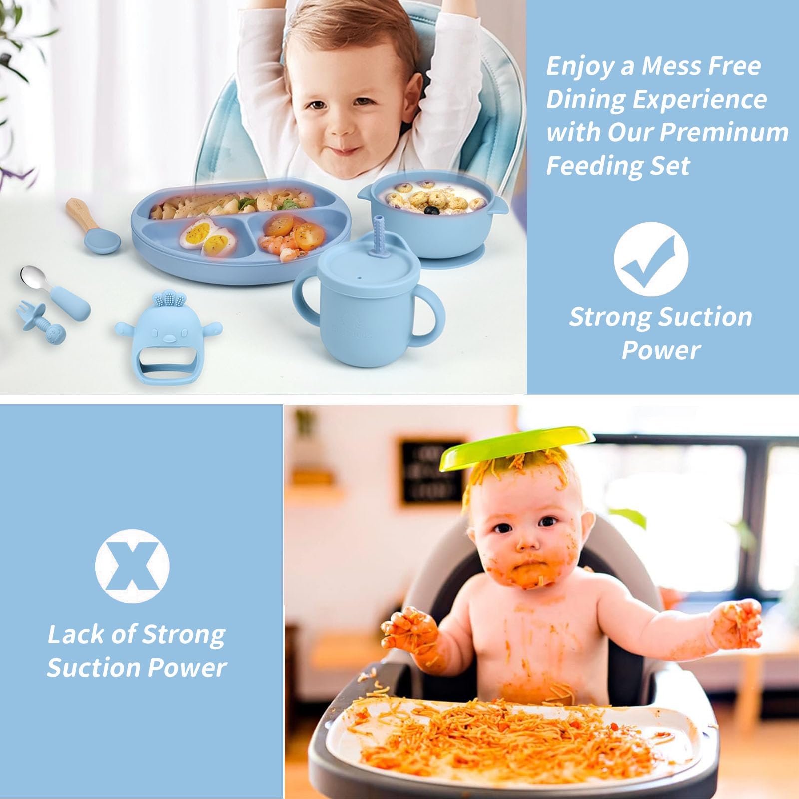 BlissBuds Silicone Baby Feeding Set, 15 pieces baby suction plates and bowls set with baby bibs, spoons, forks, sippy cup and teether, baby led weaning supplies set for 6 months + (Blue)