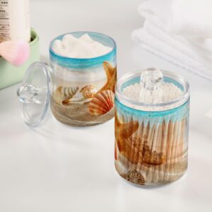 ALAZA 2 Pack Qtip Holder Dispenser for Cotton Ball Shell Beach Starfish Ocean 2 Cotton Swab Cotton Round Pads Clear Plastic Acrylic Jar Set Bathroom Canister