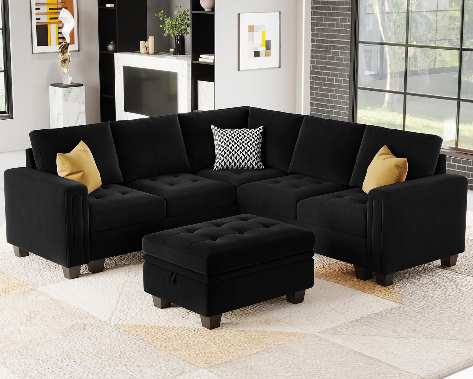 Belffin Velvet Single Seat Module for Modular Sectional Sofa Couch Accent Armless Sofa Couch Chair Modern Fabric Black