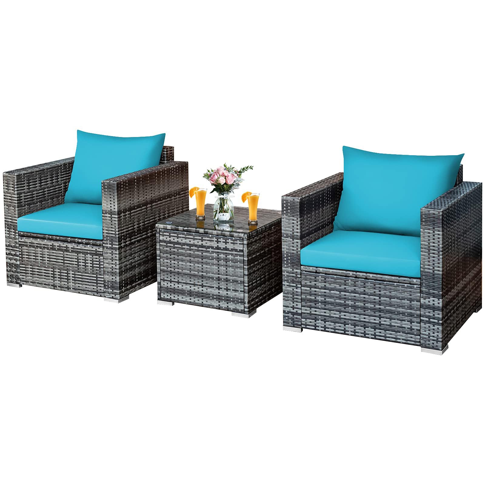 DORTALA 3 Pieces Patio Furniture Set, Outdoor Rattan Sofa Couch Set with Cushions, Tempered Glass Coffee Table, Wicker Patio Conversation Set for Lawn Backyard Poolside Balcony, Turquoise