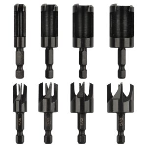 rocaris 8 pack wood plug cutter drill bit set, straight and tapered taper cutting tool 1/4", 5/16", 3/8", 1/2", 1/4 inch hex shank, black