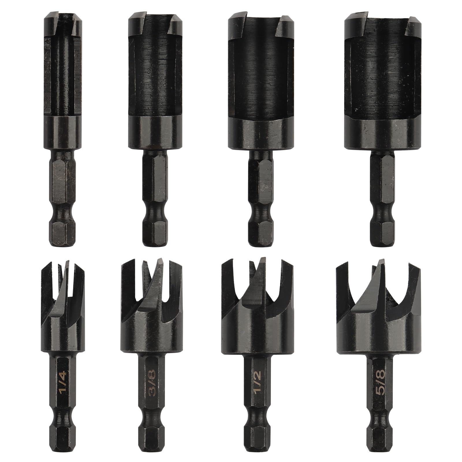 Rocaris 8 Pack Wood Plug Cutter Drill Bit Set, Straight and Tapered Taper Cutting Tool 1/4", 5/16", 3/8", 1/2", 1/4 Inch Hex Shank, Black