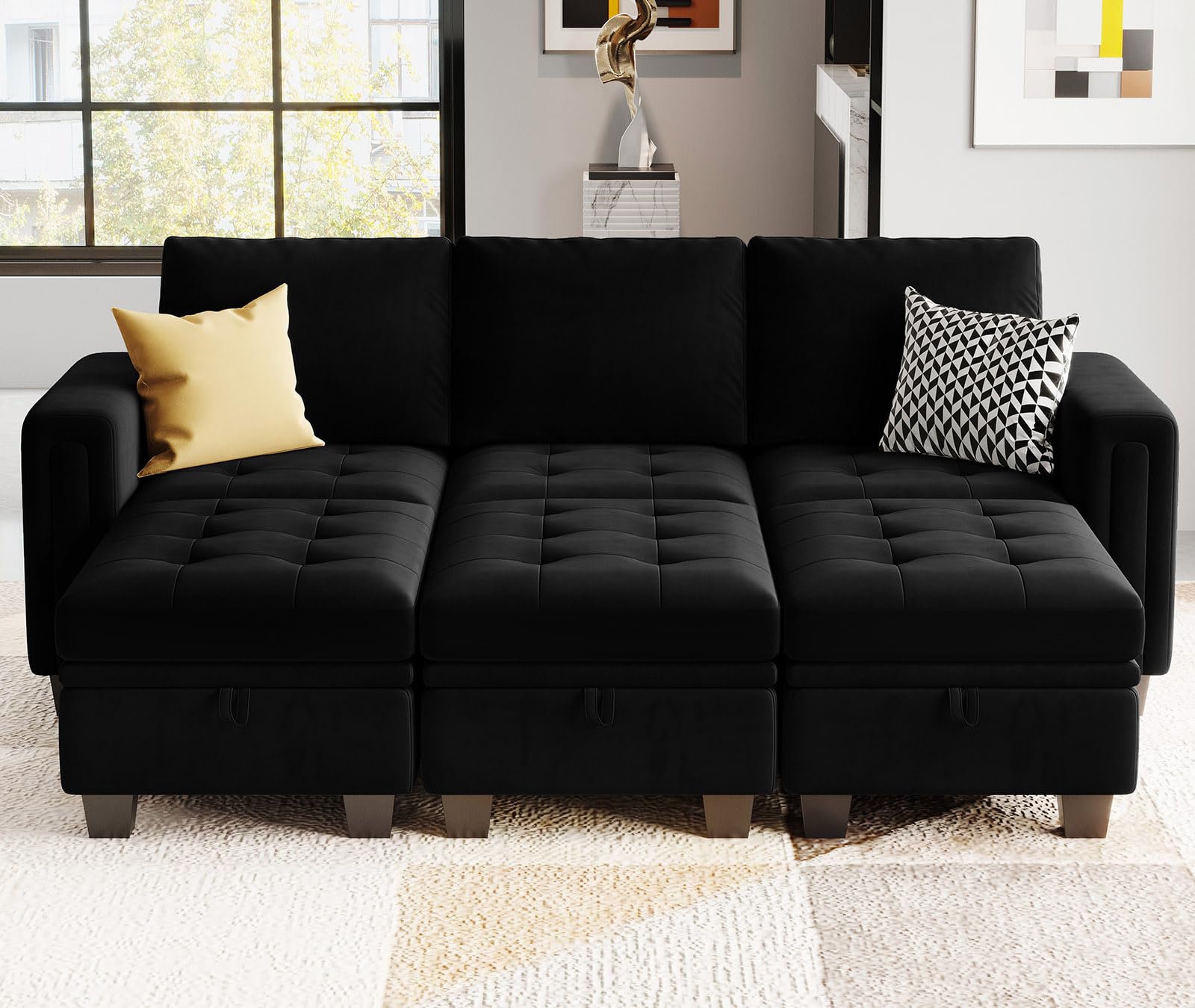 Belffin Velvet Long 2-Seat Module for Modular Sofa Sectional Couch Accent Armless 2 Seater Sofa Couch Chair Modern Fabric Black