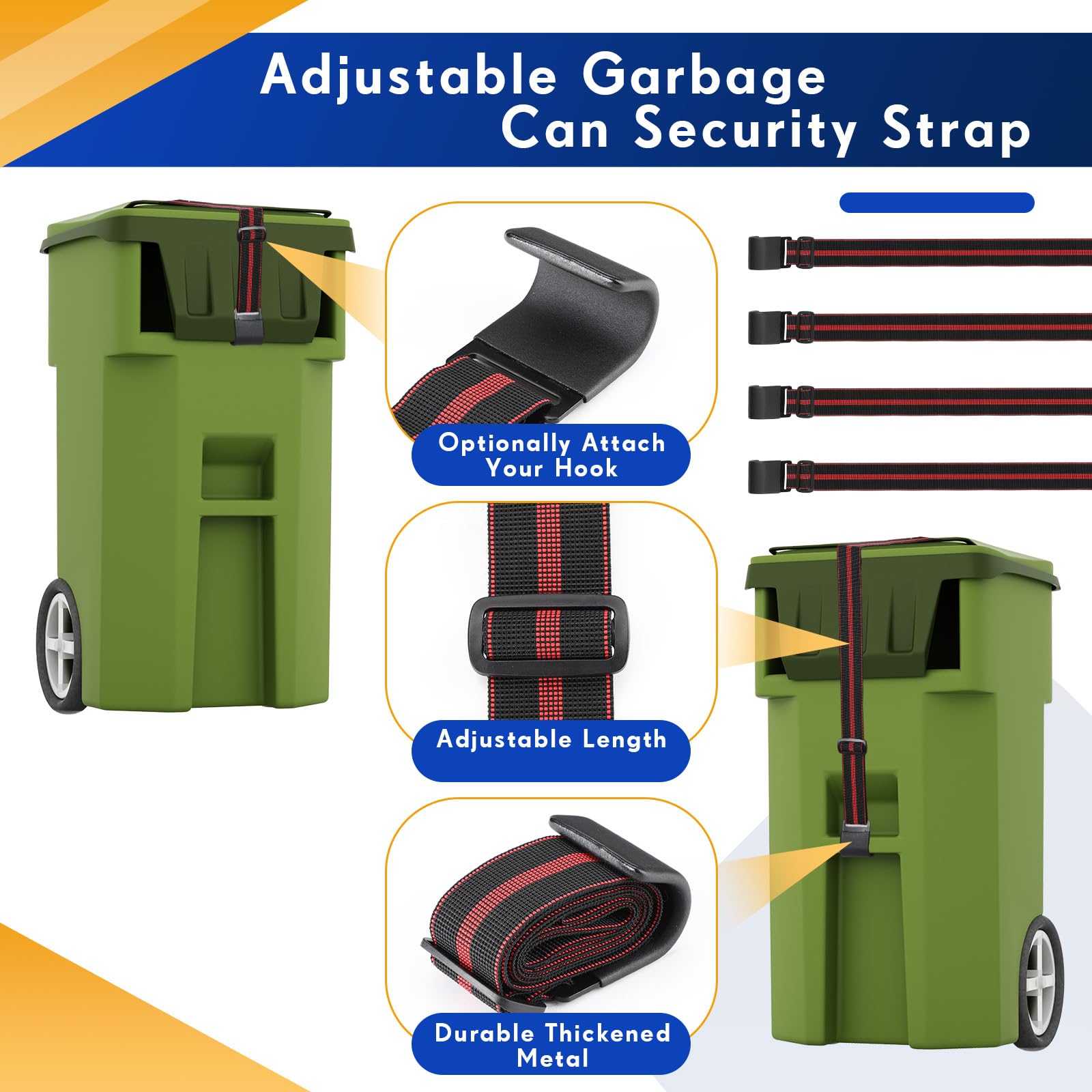 Wesnoy 6 Pack Trash Can Lid Lock Garbage Can Lock Adjustable Garbage Can Security Strap Stretchable Elastic Strap Garbage Strap Outdoor Trash Can Locks for Animals, Squirrels, Dogs, Raccoons