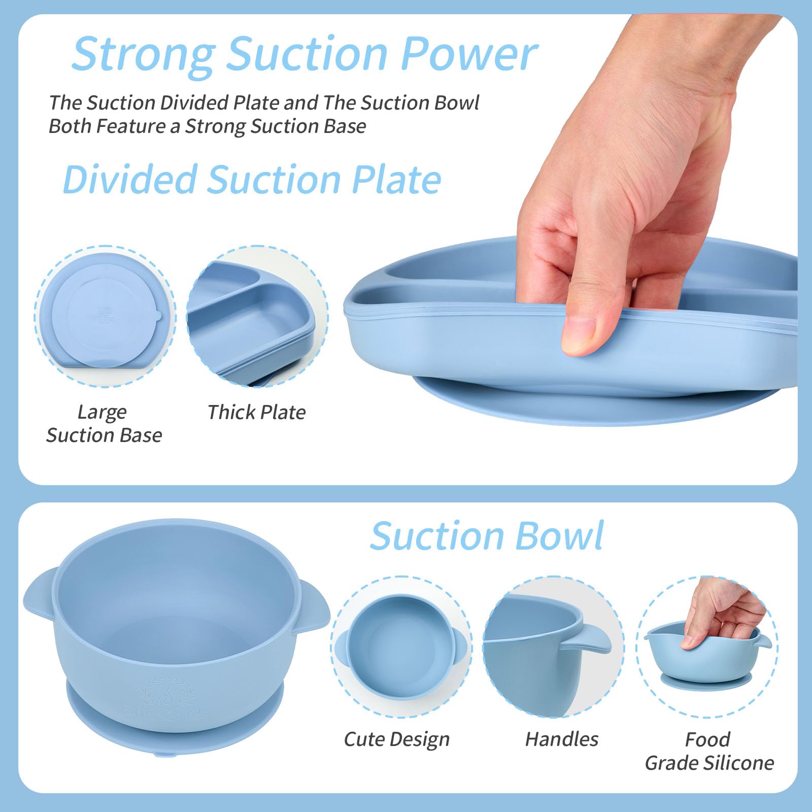 BlissBuds Silicone Baby Feeding Set, 15 pieces baby suction plates and bowls set with baby bibs, spoons, forks, sippy cup and teether, baby led weaning supplies set for 6 months + (Blue)