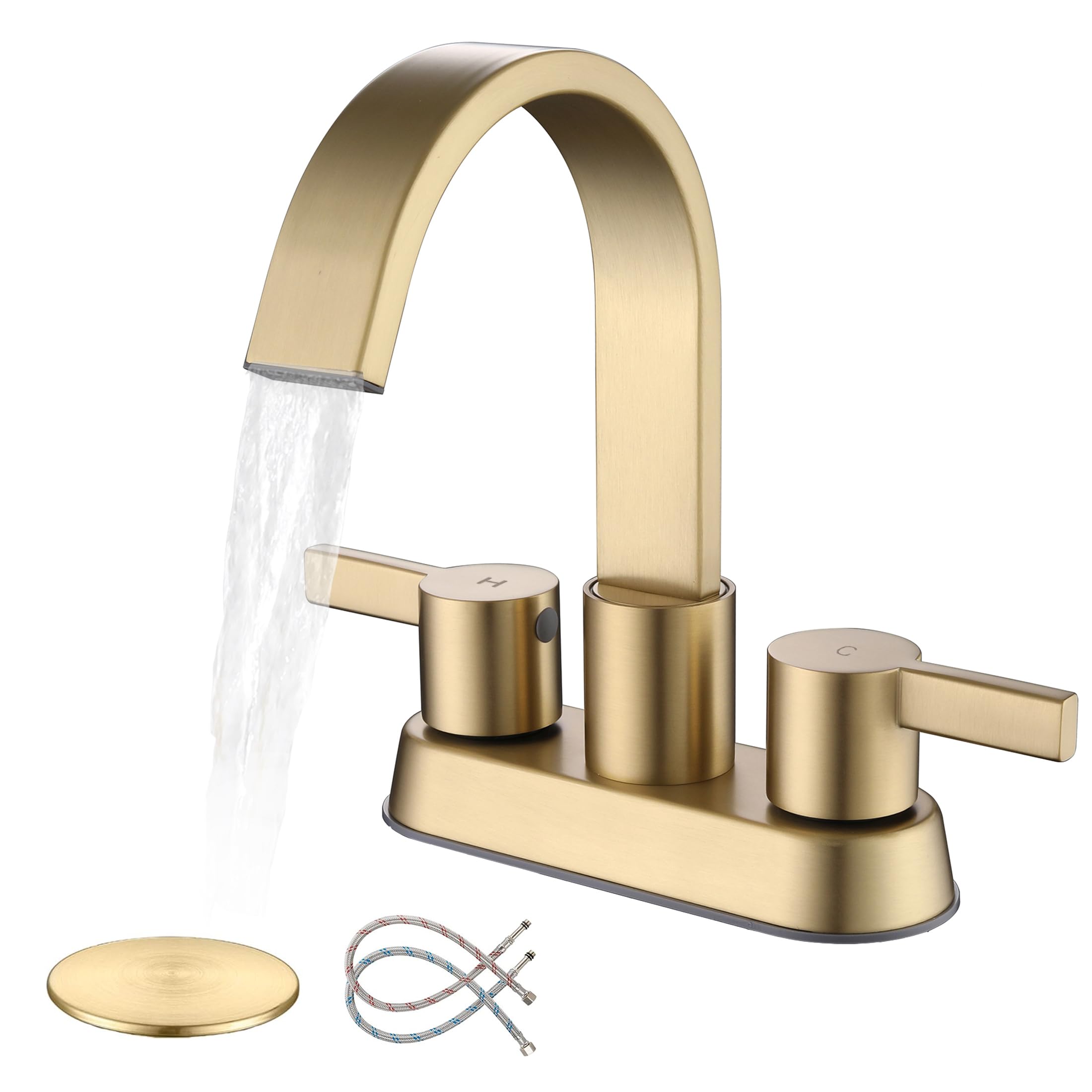 Senhozi Bathroom Sink Faucet 3 Hole Brushed Gold, 2 Handle 4 Inch Centerset Stainless Steel Bathroom Faucet with Pop up Drain and 2 Supply Lines, Waterfall Faucet Modern Faucet Bathroom, SE-0048-BG