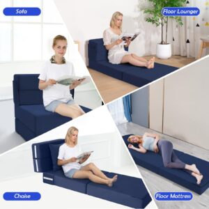 MeMoreCool Foldable Futon Chair Bed Sleeper for Adults, Single Sofa Bed Folding Mattress 6 Inch, Fold Out Couch Bed with Pillow, Convertible Foam Floor Sofa Sleeping Tri Fold Mattress Chair (Navy)