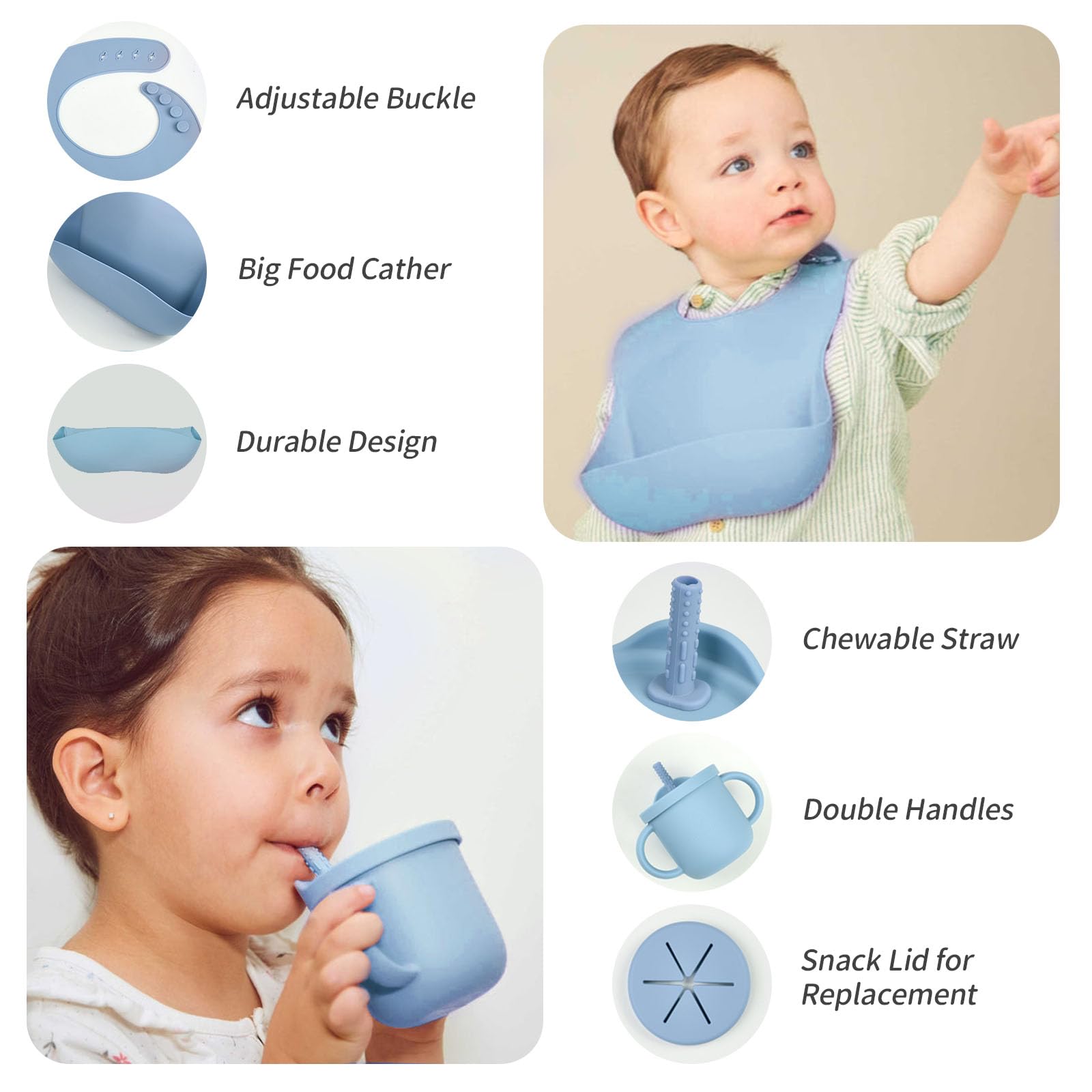 BlissBuds Silicone Baby Feeding Set, 15 pieces baby suction plates and bowls set with baby bibs, spoons, forks, sippy cup and teether, baby led weaning supplies set for 6 months + (Blue)