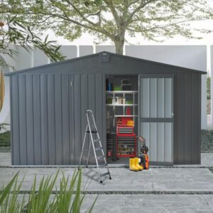 domi backyard storage shed 11’ x 9’ with galvanized steel frame & windows, outdoor garden shed metal utility tool storage room with lockable door for patio(dark gray)