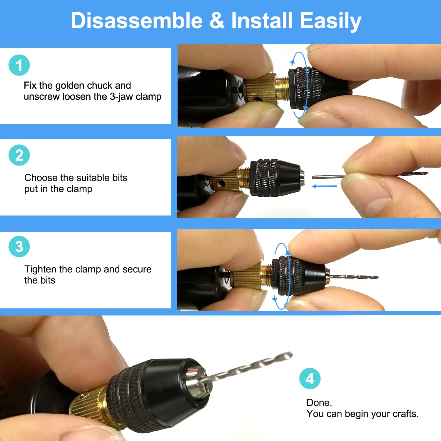 Anlan-angel Electric Resin Drill,3-Jaw Clamp Hand Drill with 9PCS Twist Drill Bits Sand Drills Resin Supplies for Resin Art, Wood,Keychain Jewelry Making Kit,Plastic,Drilling,Sanding,Polishing