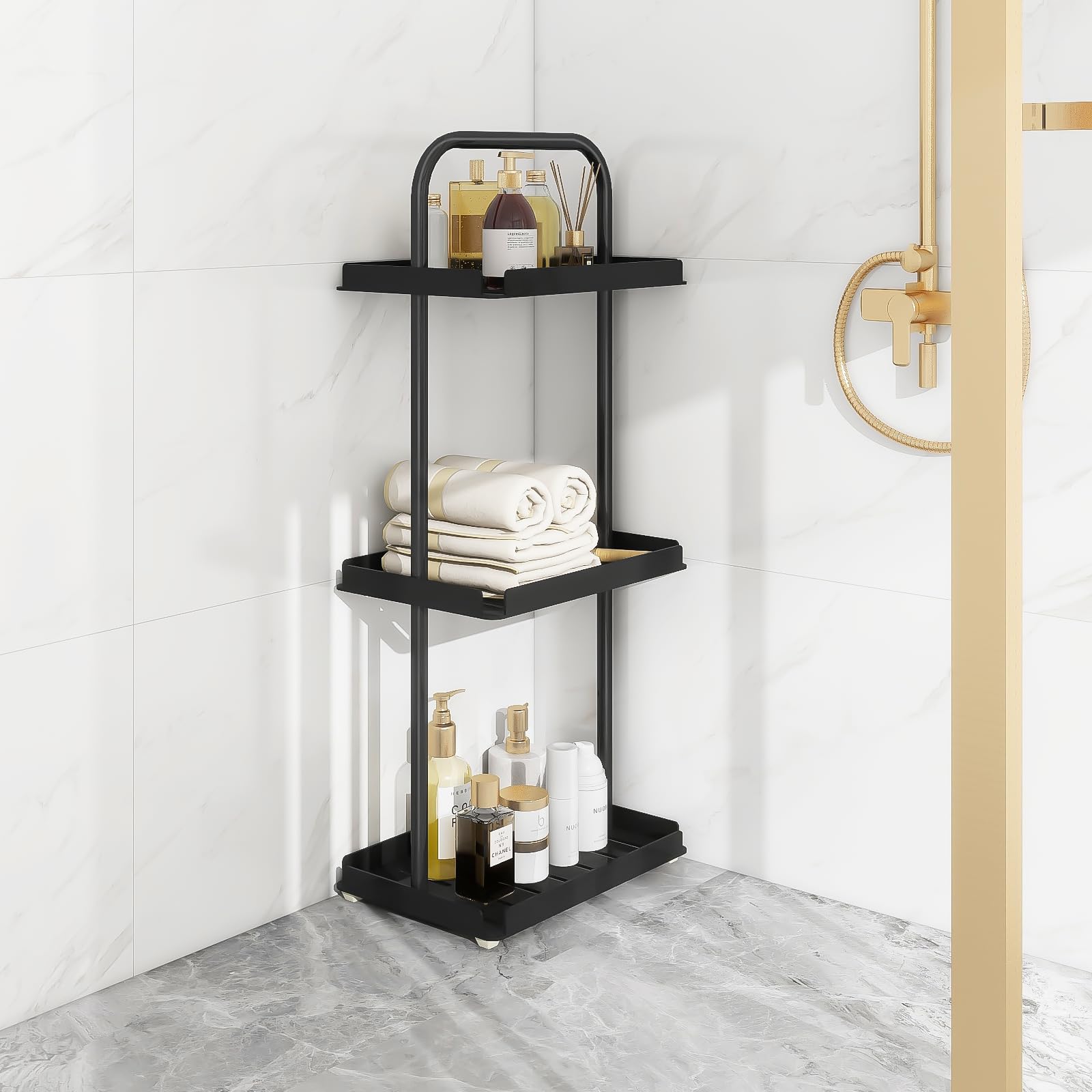 ELITEROO 3 Tier Standing Shower Caddy Organizer, Corner Shower Shelf with Handle, Storage Stands for Shampoo, Stand Up Metal Basket Rack for Inside Bathroom, Bathtub, Office, Kitchen, Black