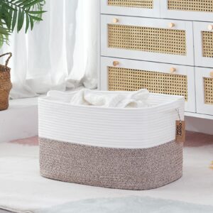 COMFY-HOMI Large Laundry Basket for Organizing|Rectangle Cotton Rope Storage Basket with Handles|Blanket Basket for Living Room|Woven Laundry Basket for Towels, Toys, Clothes-22x15x12”-White/Brown