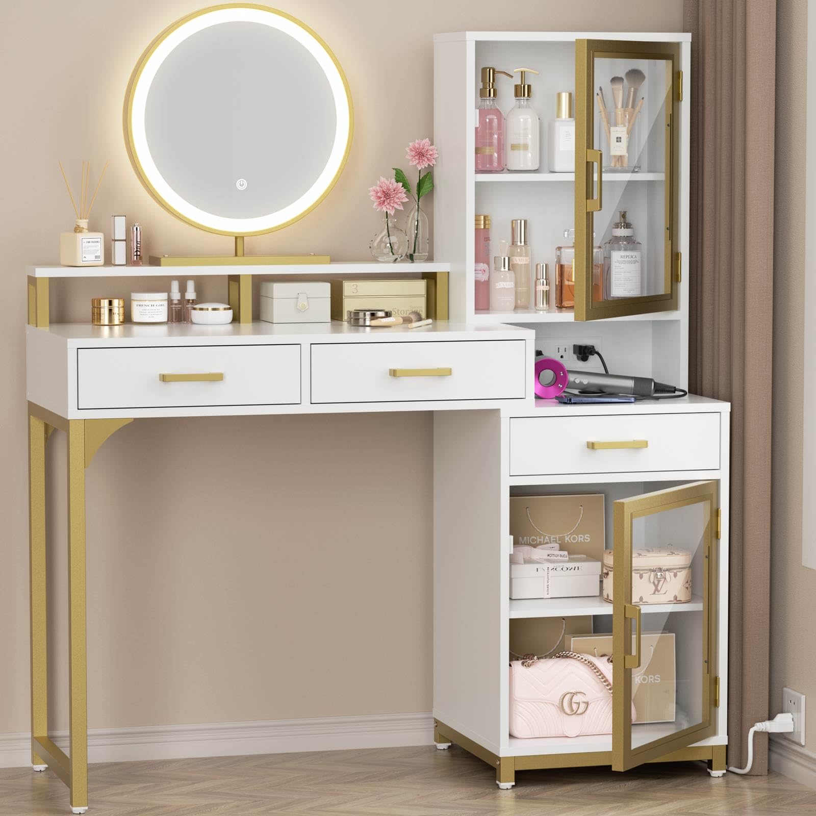 Zarler 41" W Makeup Vanity Desk with Mirror and LED Lights, Large Vanity Desk with Charging Station, Makeup Table with 2 Cabinets and 3 Drawers, 16" D x 41" W x 50" H, White