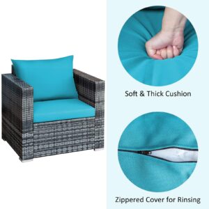 DORTALA 3 Pieces Patio Furniture Set, Outdoor Rattan Sofa Couch Set with Cushions, Tempered Glass Coffee Table, Wicker Patio Conversation Set for Lawn Backyard Poolside Balcony, Turquoise