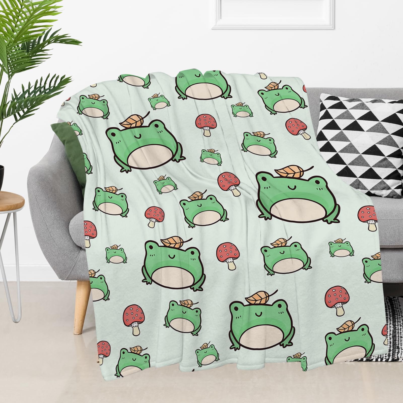 SKT T1 Frog Blanket Cute Frog Mushroom Green Throw Blankets for Kids Girls Boys Adults, Funny Frog Gifts for Frog Lovers, Soft Fluffy Cozy Flannel Blankets for Nap Bed Couch Office 60"x50"