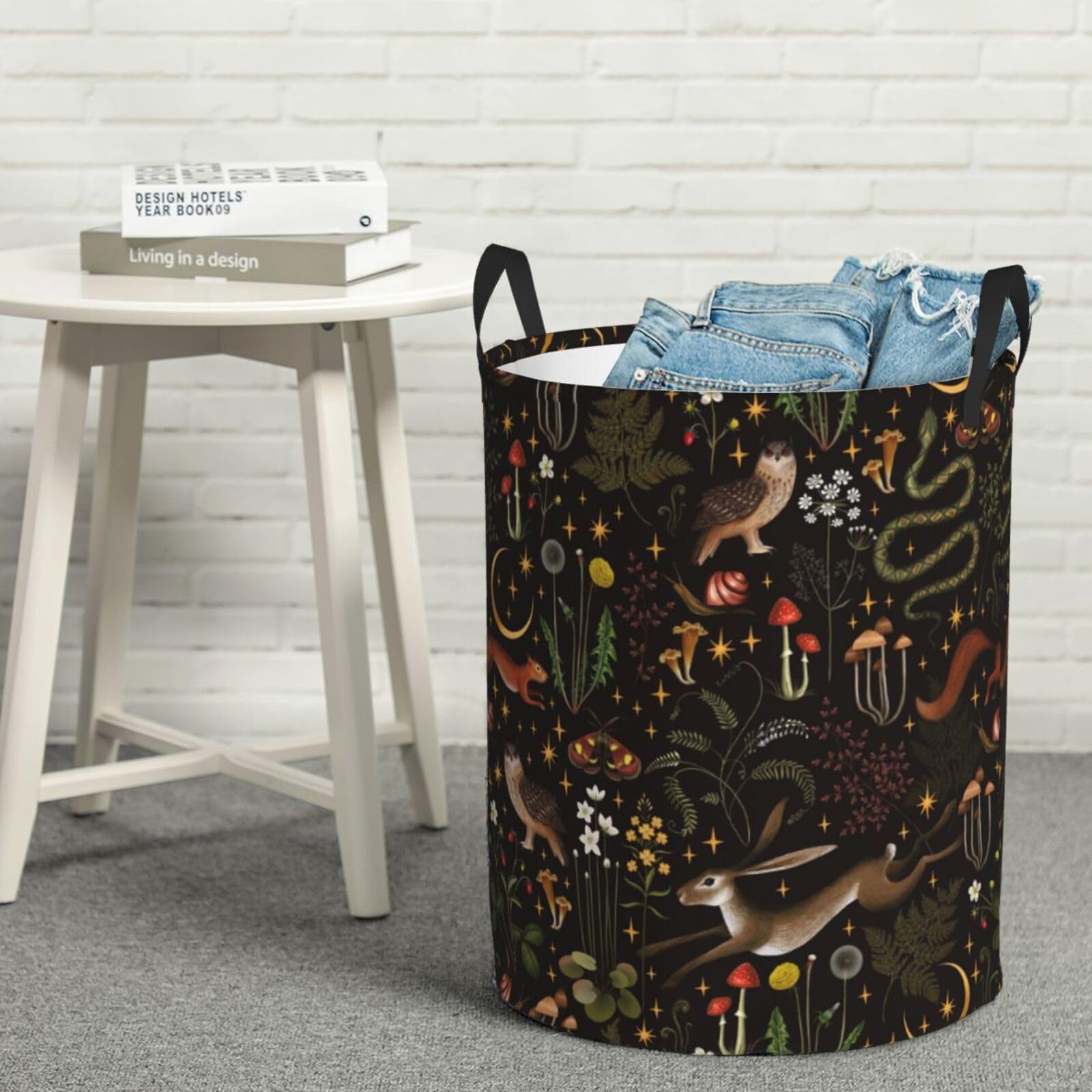 Moon Stars Squirrel Owl Mushroom Laundry Hamper with Durable Handle Waterproof Collapsible Laundry Basket Circular Storage Basket Dirty Clothes Organizer Bag for Bedroom Children Nursery Bathroom