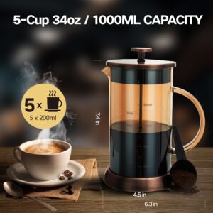 YMMIND 34 Ounce French Press Coffee Maker, 5-Cup Espresso Coffee Maker, Copper Cold Brew Heat Resistant Thickened Borosilicate Coffee Pot with 4 Stainless Steel Filter Screens