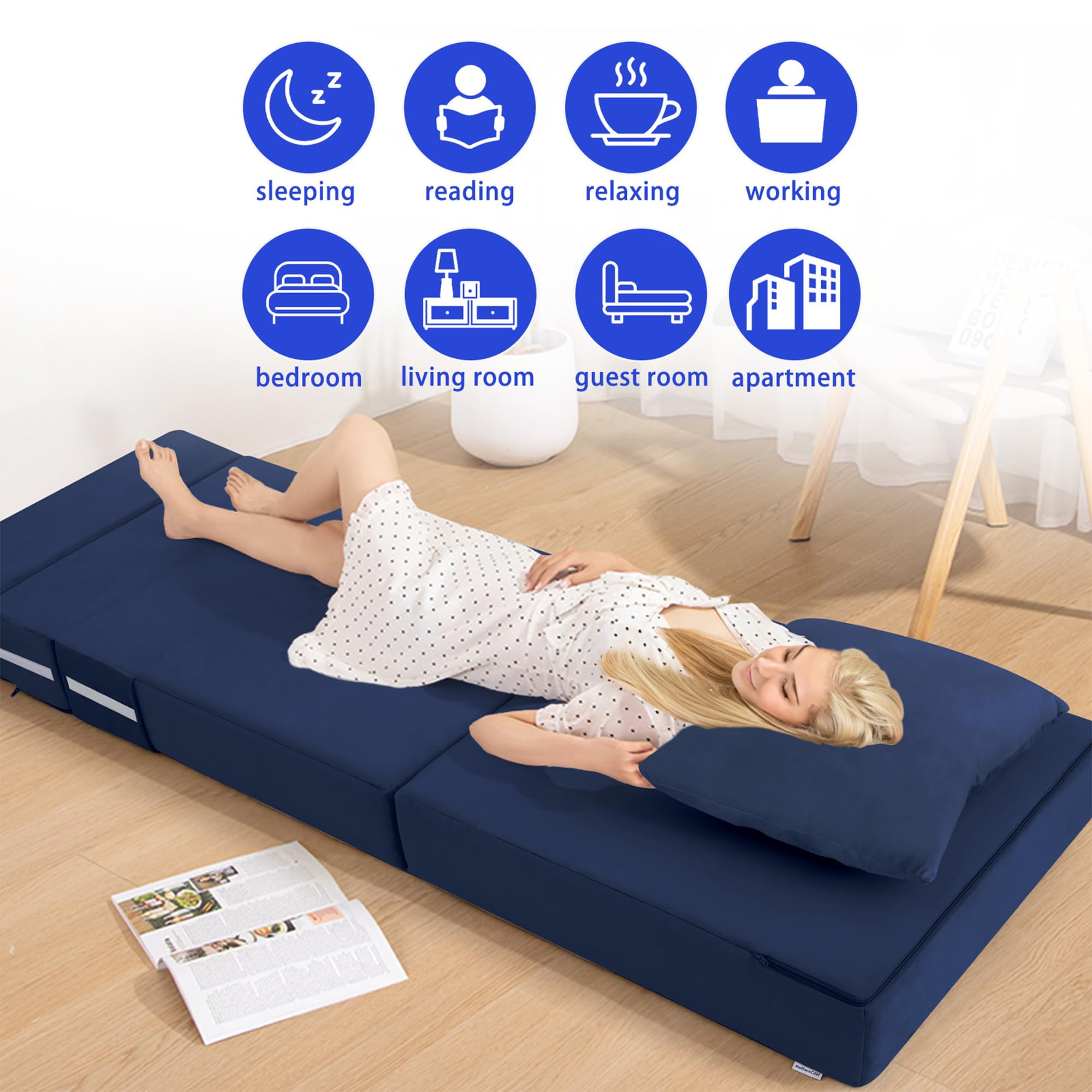 MeMoreCool Foldable Futon Chair Bed Sleeper for Adults, Single Sofa Bed Folding Mattress 6 Inch, Fold Out Couch Bed with Pillow, Convertible Foam Floor Sofa Sleeping Tri Fold Mattress Chair (Navy)