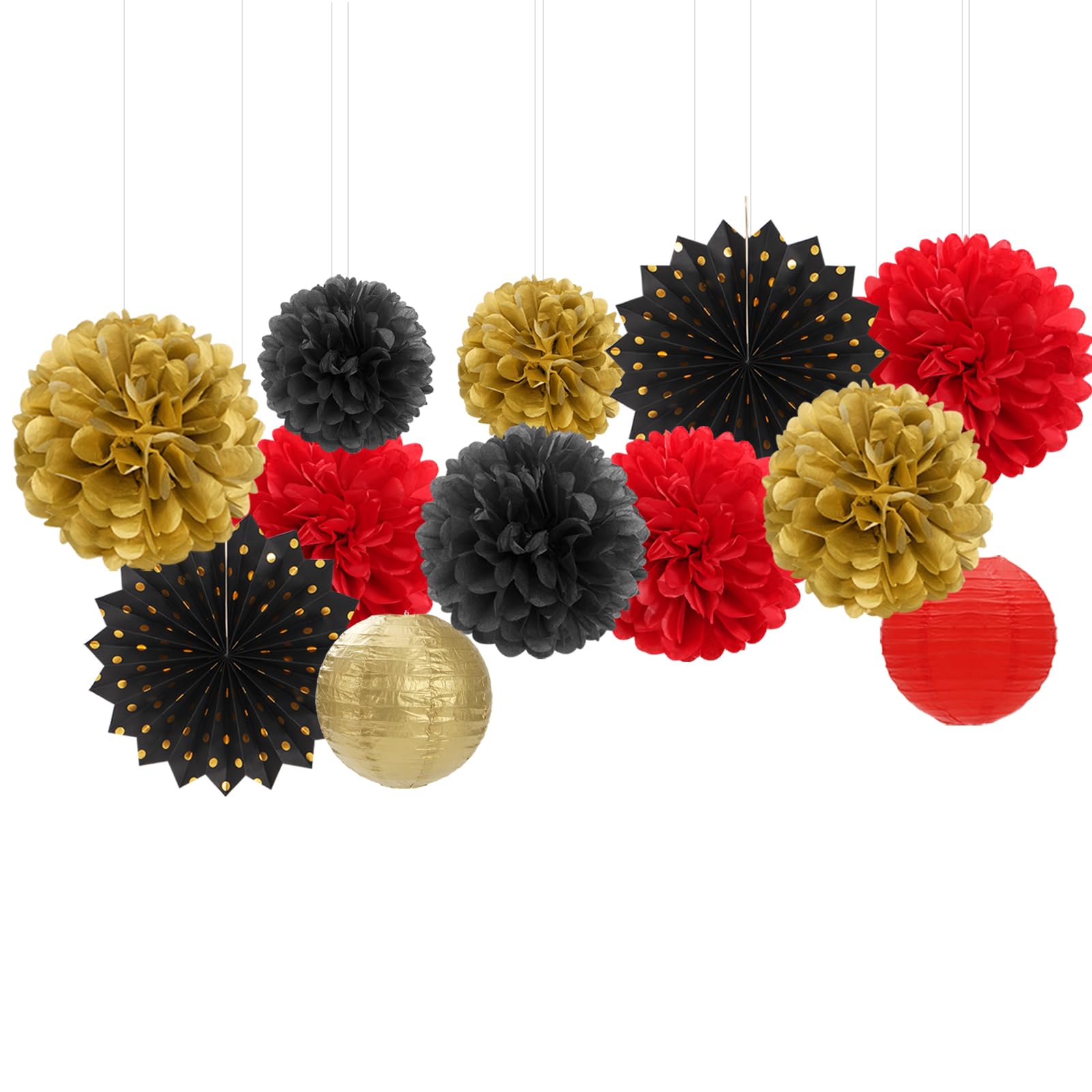 Red-Black Gold Casino Theme Party-Decorations - 20pcs Game Night Paper Lanterns Fans,Tissue Pom Poms,Honeycomb Balls,Bunting,Birthday Graduation Wedding Bridal Baby Shower Decor Burgleda