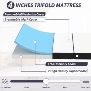 Folding Mattress, Tri-Fold Gel Memory Foam Mattress Portable Foldable Mattress with Washable Cover & Non-slip Bottom & Breathable Mesh Sides, Certipur-Us Certified, Fiberglass Free, (4 Inch, Full)