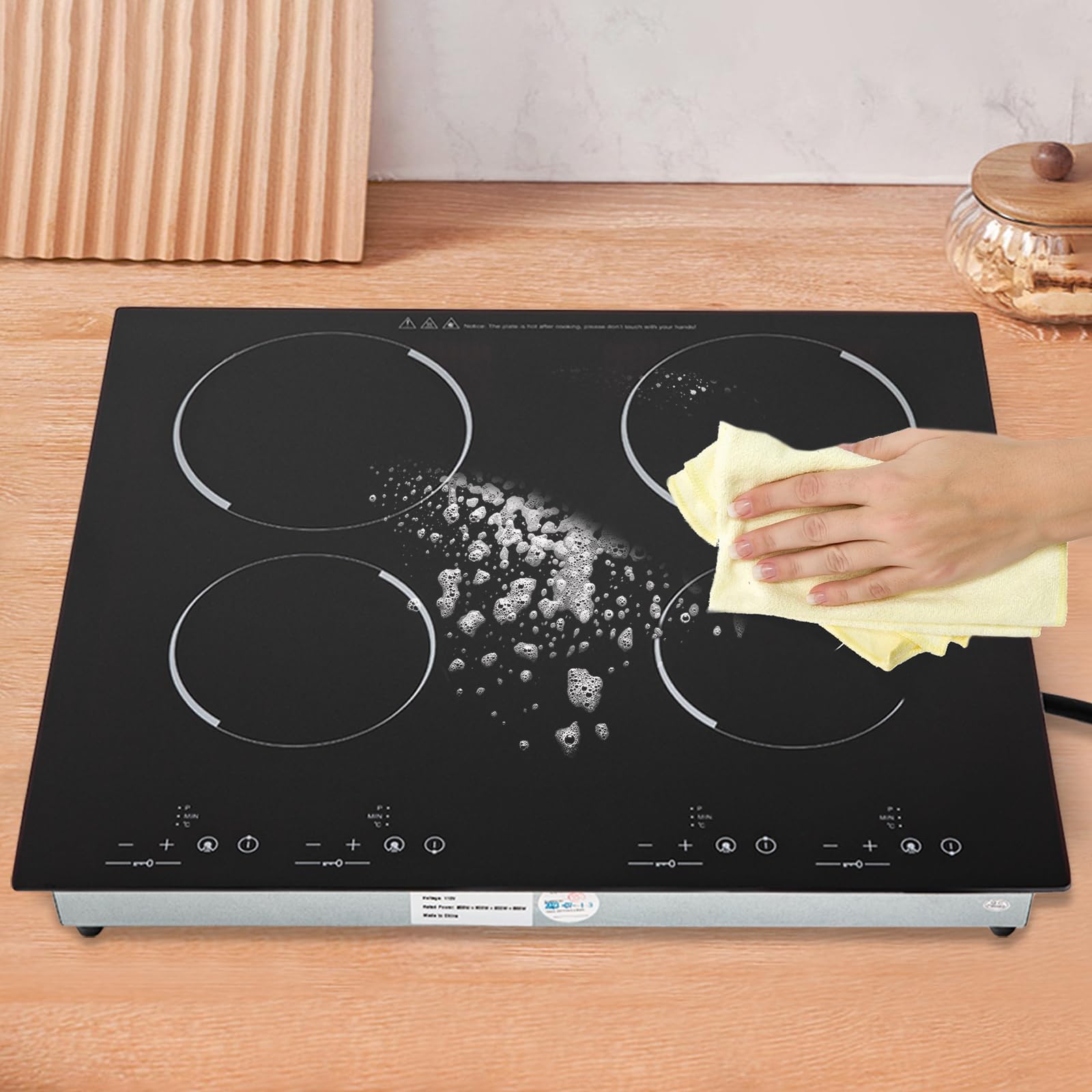 3000W 110V Cooktop Portable 4 Burners Electric Built-in Cooktop Sensor Touch Control Countertop Electric Hot Plate with Kid Safety Lock and 2H Timer, 9 Heating Level, no plug