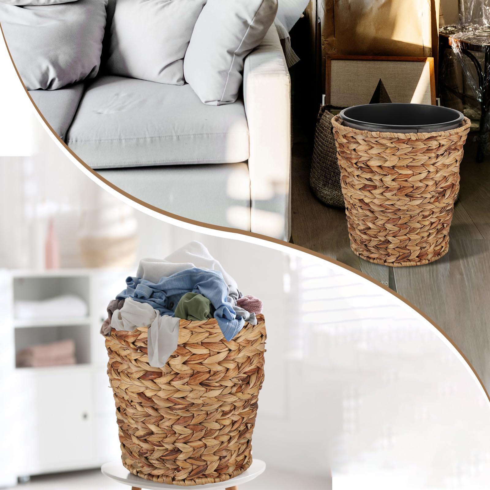 Maxcheck 2 Sets Wicker Trash Can with Lid and Plastic Insert 3 Gallon Trash Can Boho Woven Wicker Round Waste Basket Office Garbage Cans for Bathroom Living Room Bedroom