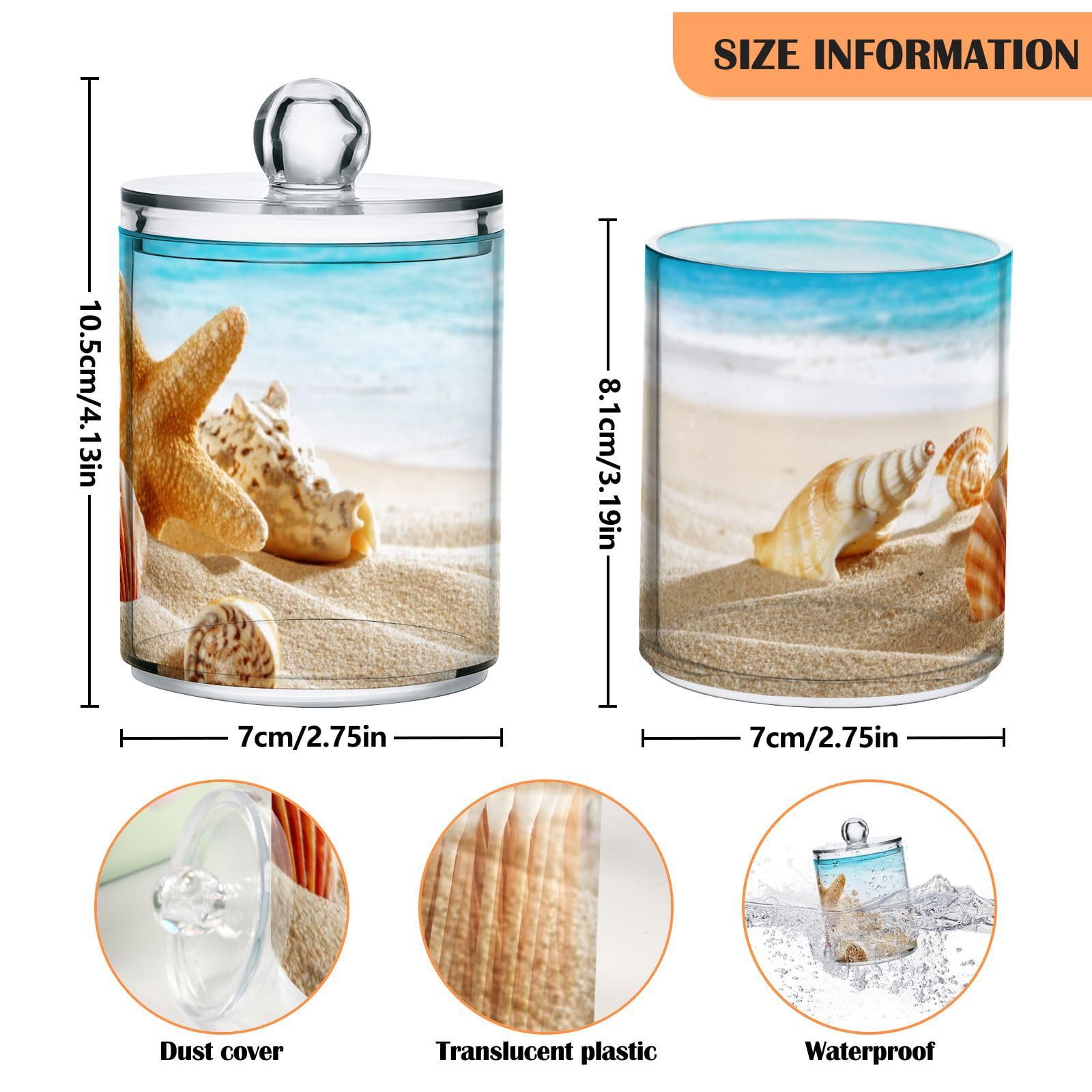 ALAZA 2 Pack Qtip Holder Dispenser for Cotton Ball Shell Beach Starfish Ocean 2 Cotton Swab Cotton Round Pads Clear Plastic Acrylic Jar Set Bathroom Canister