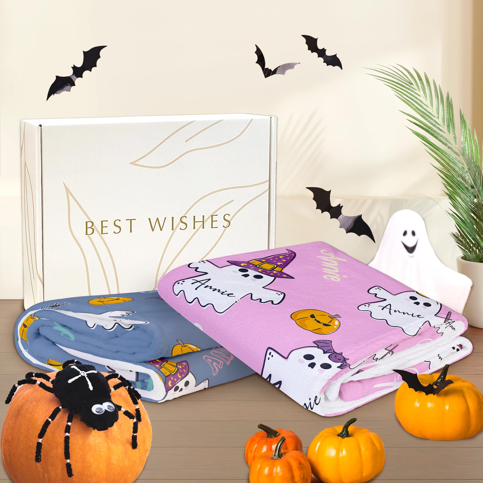 Custom Halloween Blanket for Girls, Personalized Baby Blanket for Boys with Name, Custom Super Soft Throw Blanket for Kids, Halloween Pumpkin Ghost Blanket Decoration, Personalized Halloween Baby Gift